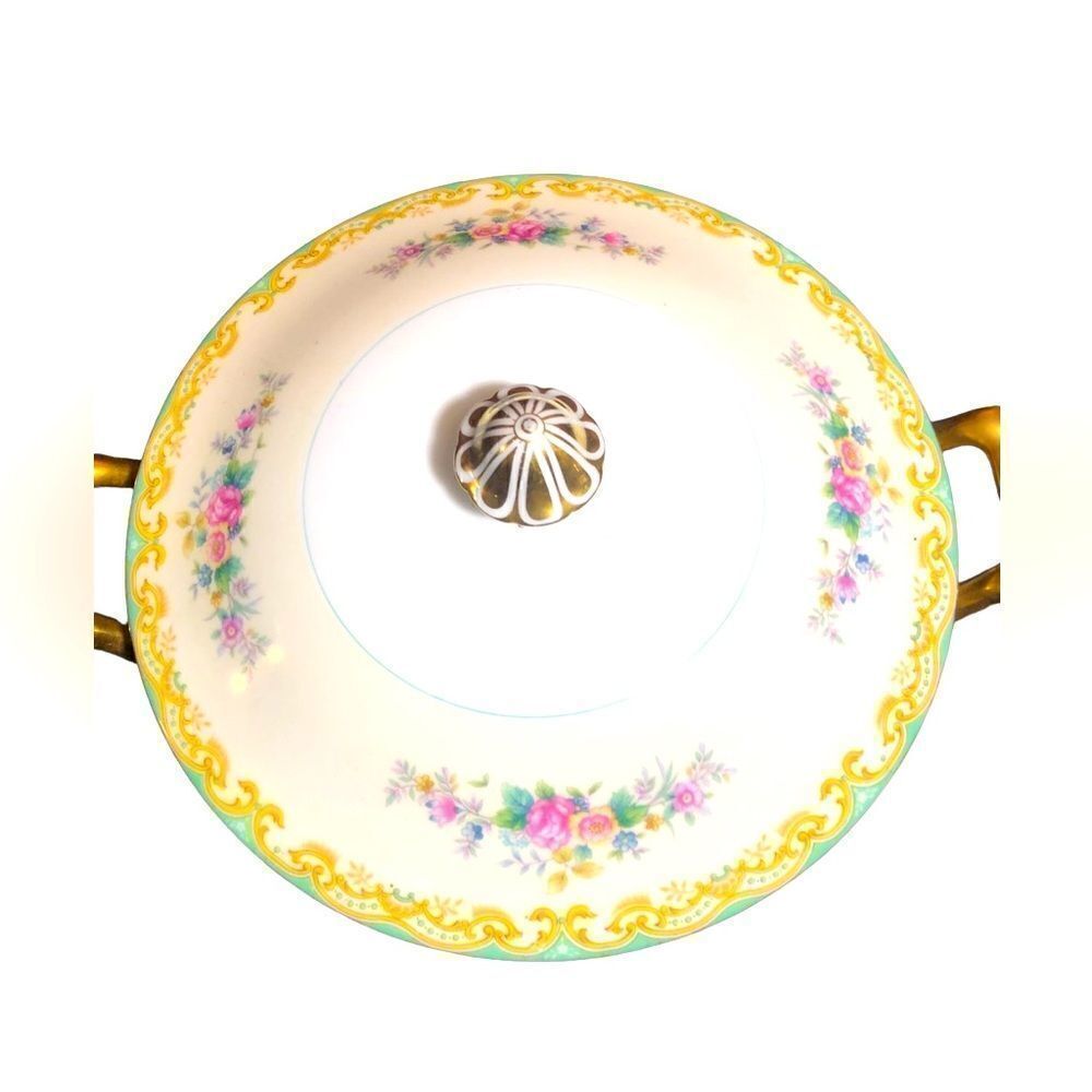 Noritake Vintage Handpainted Porcelain Covered Serving Bowl Floral And Gold